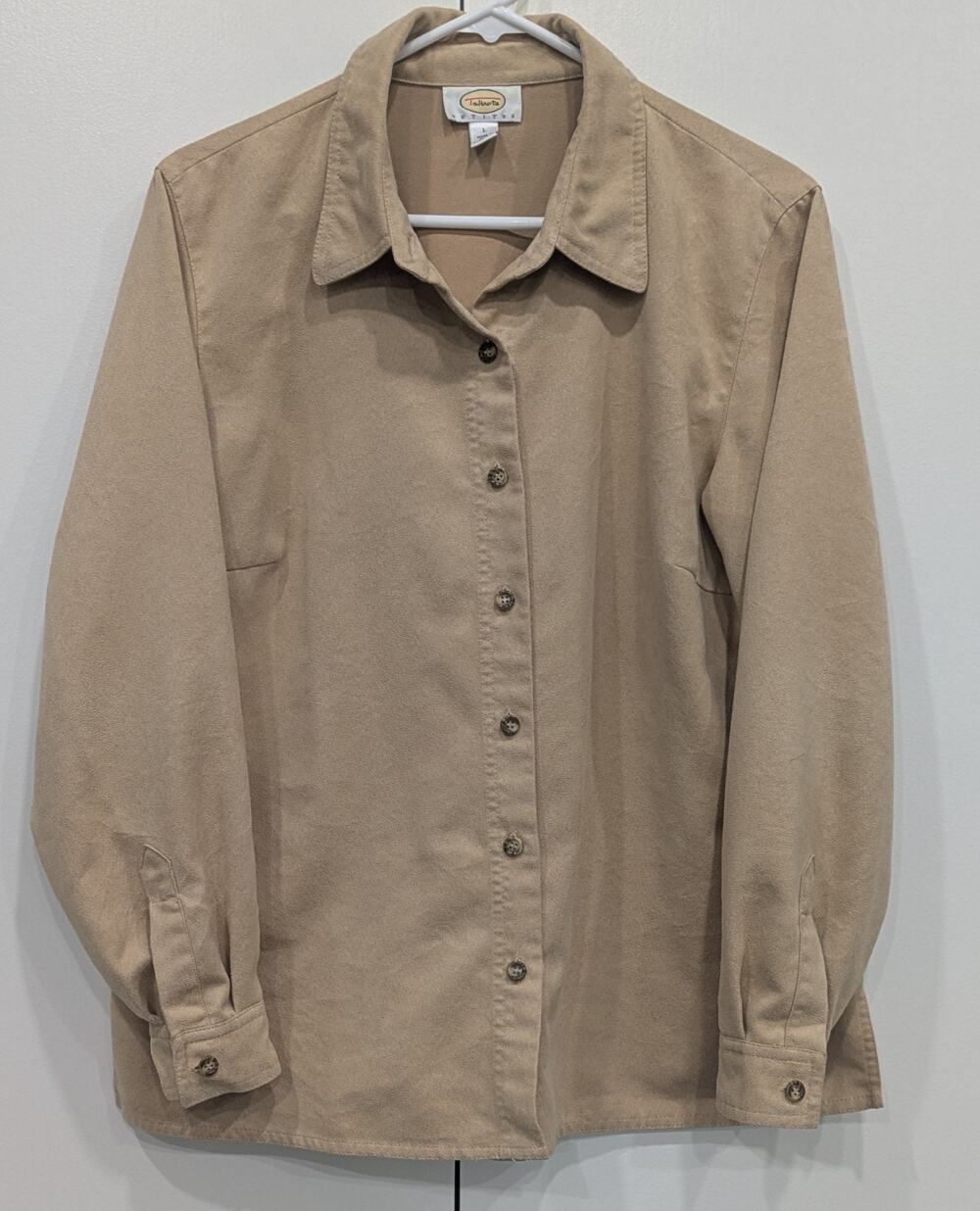 Talbots Petites L Camel Brushed Microfiber Button Down Shirt Jacket Shacket